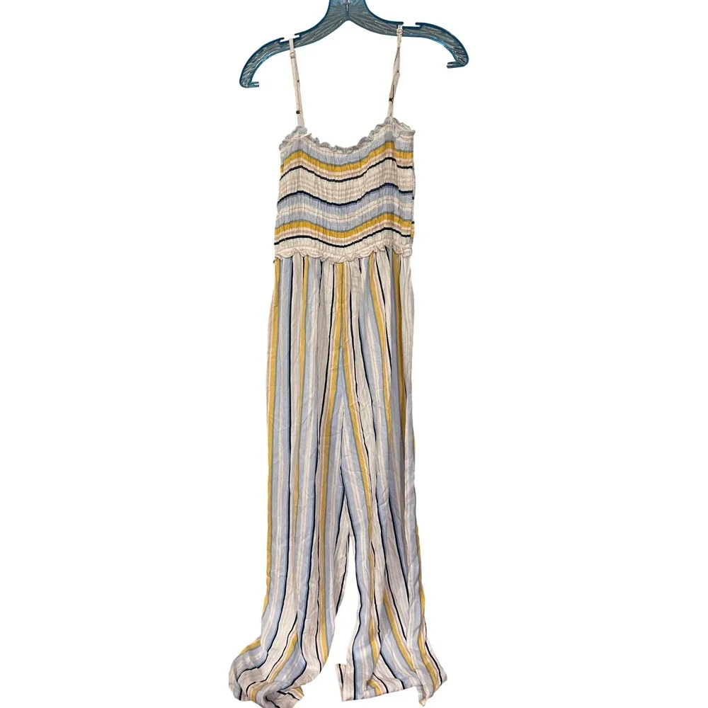 Kiwi & punch Striped Smocked Jumpsuit Drawstring Waist Blue Yellow size Small‎